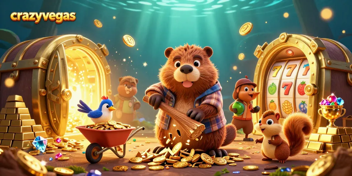 Experience the thrill of crazyvegas with a beaver and friends collecting golden coins in a vibrant casino scene.