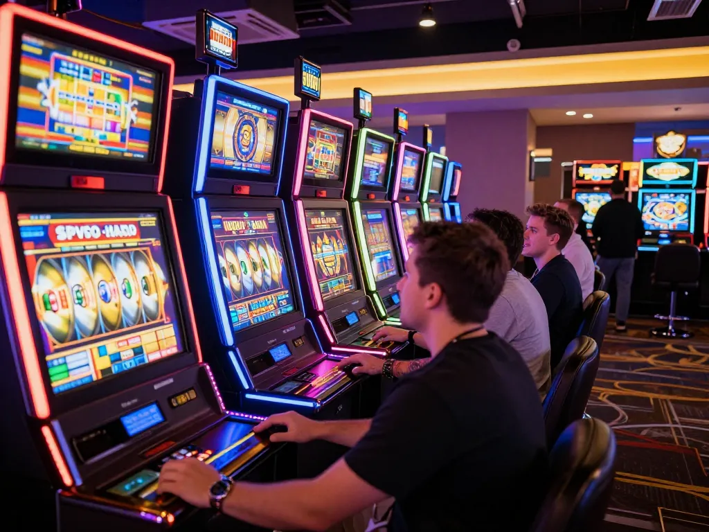 Experience the thrill of situs slot with players celebrating wins at exciting slot machines.