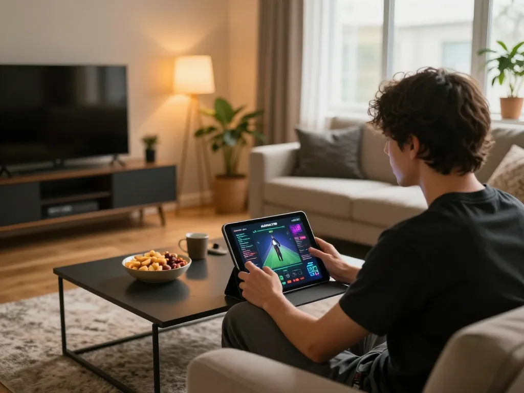 KADAL778 player engaging in strategic online gaming from a cozy home setup with a tablet