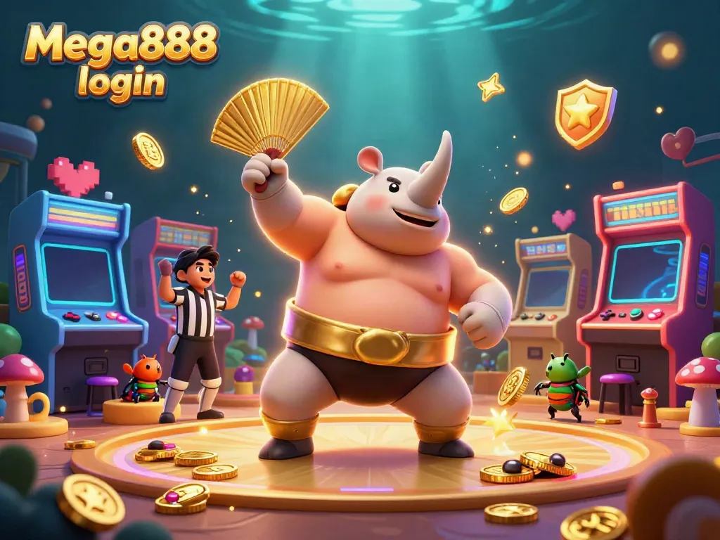Experience seamless Mega888 login with an energetic illustration showcasing vibrant casino elements.