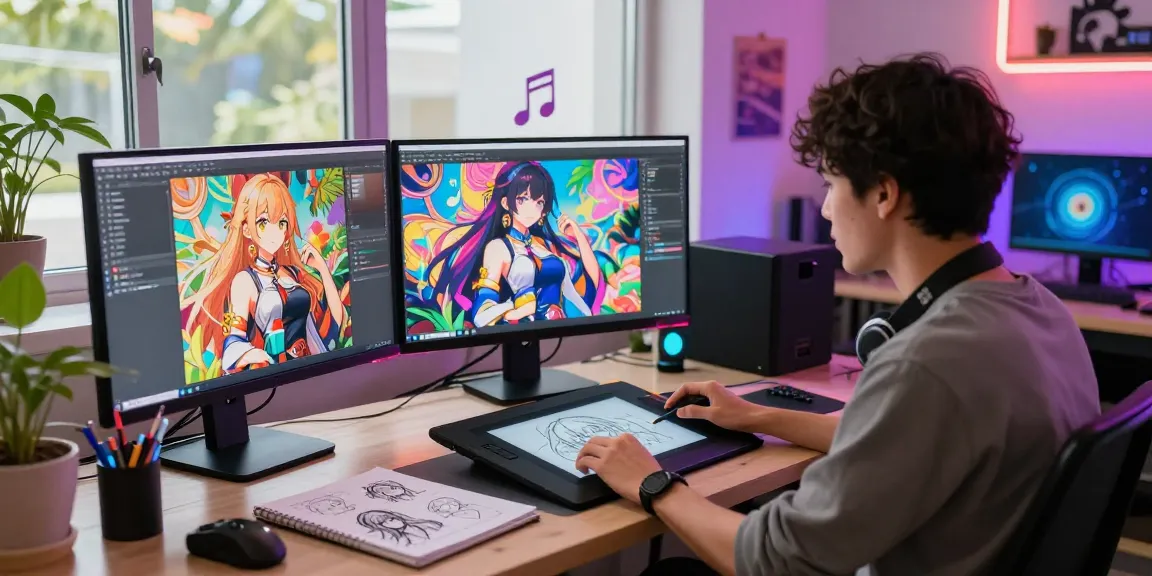 Creating stunning hentai AI digital art in a vibrant studio.