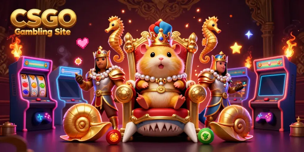 Experience the excitement of a CSGO gambling site with a golden hamster king on a megalodon throne, surrounded by vibrant gaming elements.