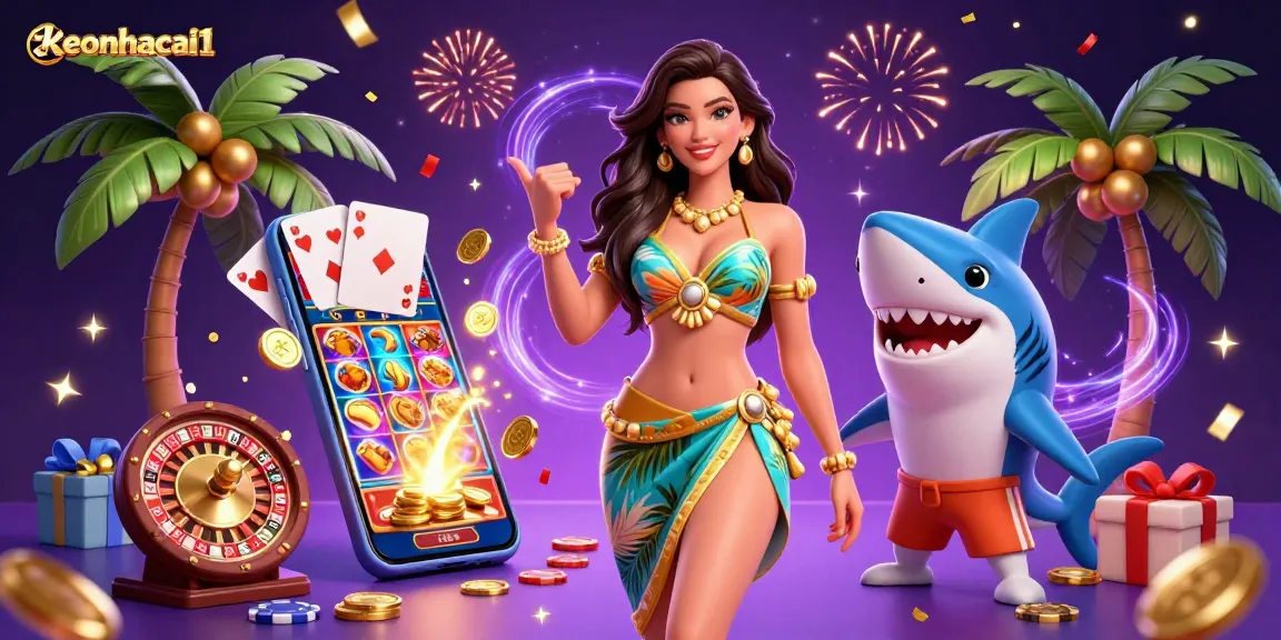 Engage with keonhacai1 as a glamorous beach goddess and a surfing shark celebrate with captivating casino elements.