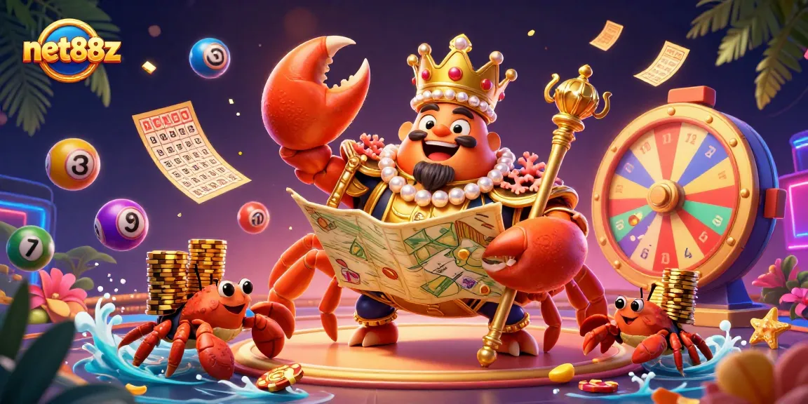 Join the exciting net88z lottery action with vibrant colors, golden crab emperor, and game elements scattered dynamically.