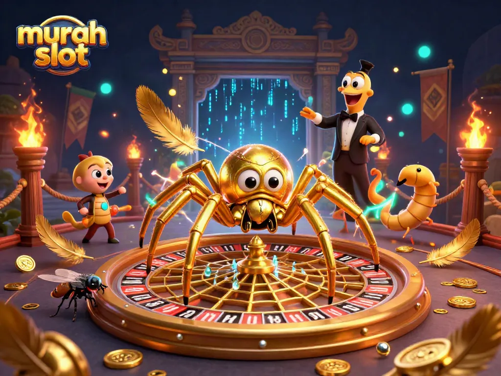 Menang besar dengan murah slot, gambar ilustrasi 3D tentang web roulette berkilau dan karakter kartun menarik.