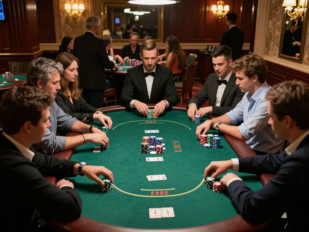 Jun88 players engaging in a high-stakes poker game at an upscale casino, showcasing strategic gameplay and excitement