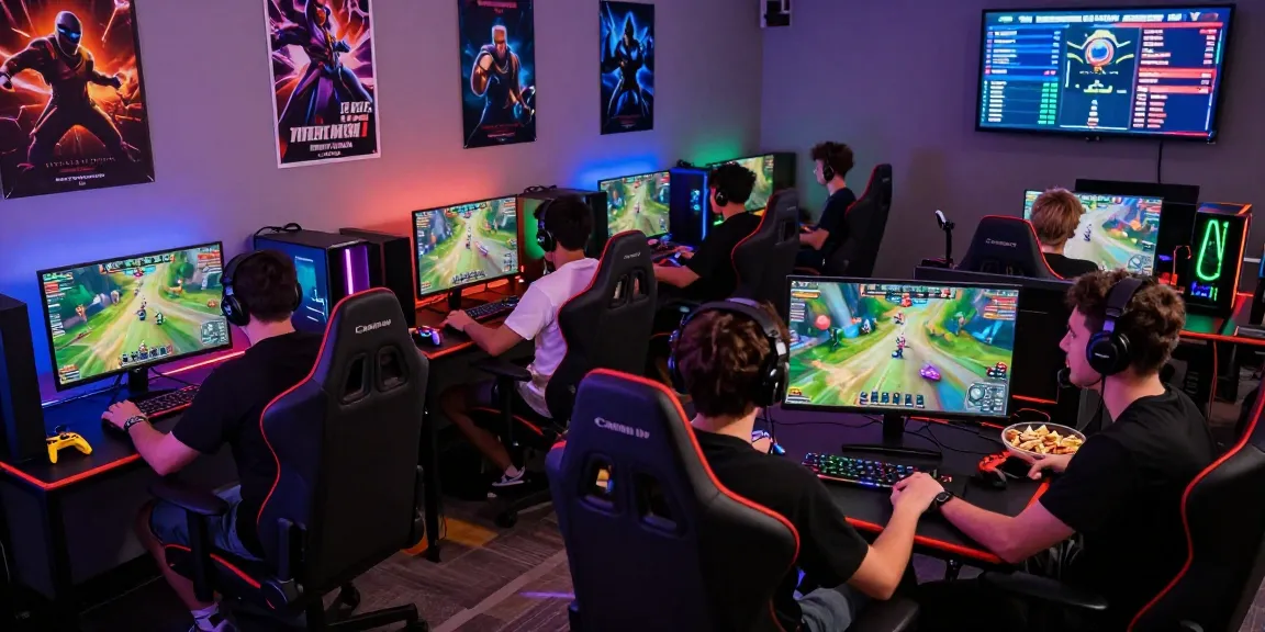 Engaged players at https://www.mpocash.net/ gaming session with colorful rigs, LED lights, and monitors.