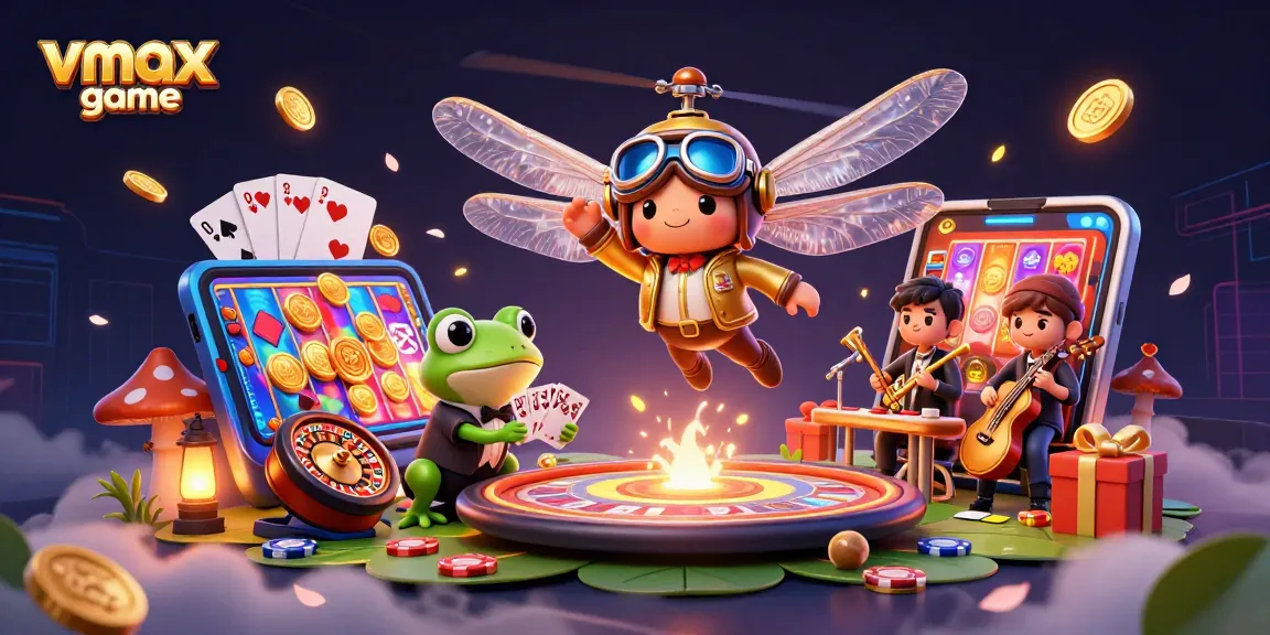 Experience the vmax game with our vibrant 3D casino scene featuring dragonfly pilot and frog dealer.
