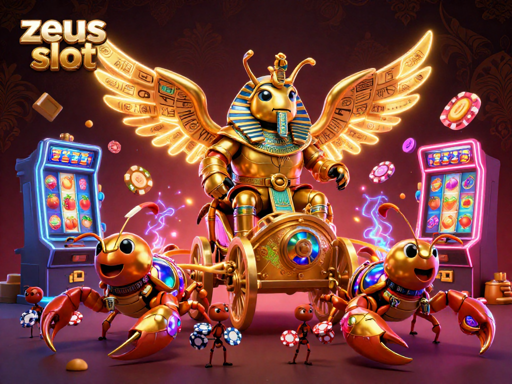 Spin the zeus slot reels with a golden scarab beetle in a vibrant casino scene featuring colorful game elements.