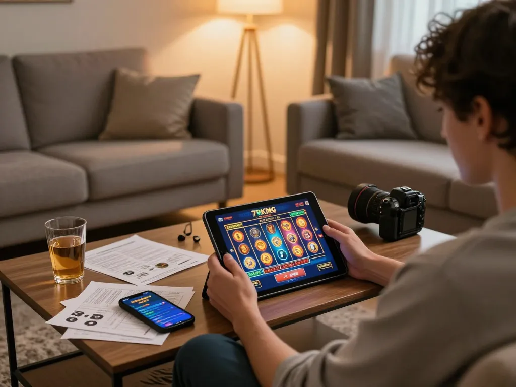 Engaging gamer enjoys 79KING online slots on a tablet, showcasing a cozy home setup.