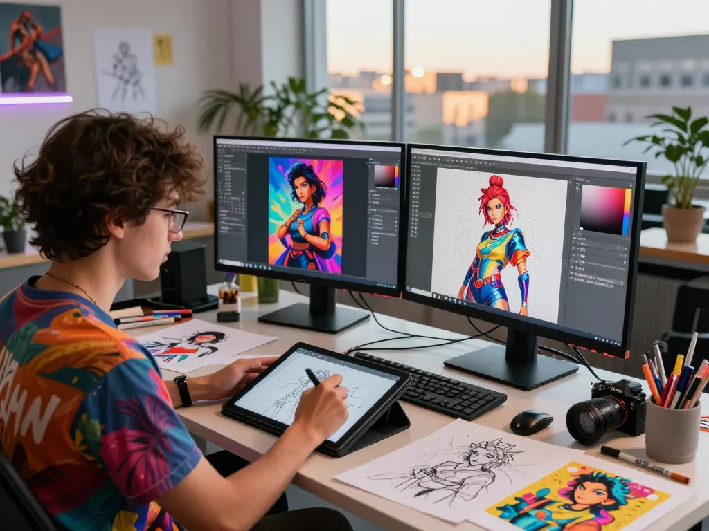Artist creating NSFW AI character designs in a vibrant studio.