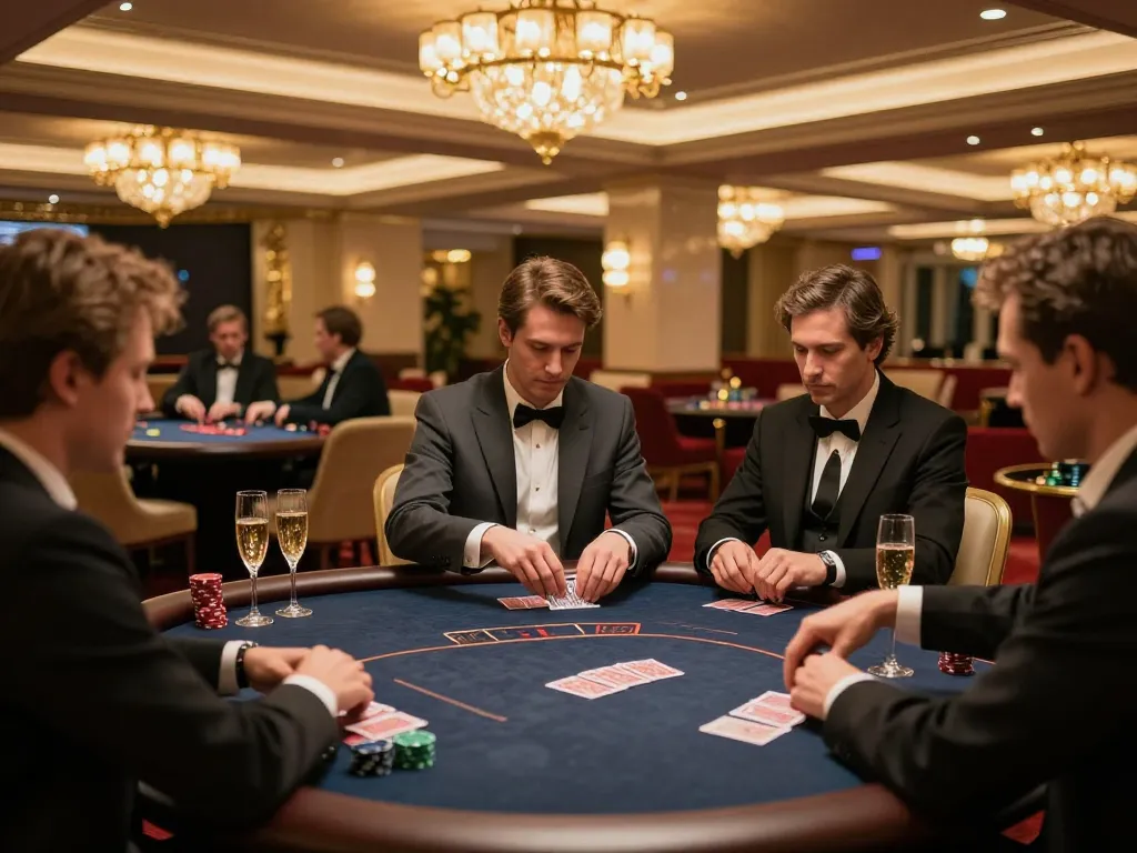 Players engaged in intense poker game at vipwin's exclusive VIP table, showcasing elegance and strategy.
