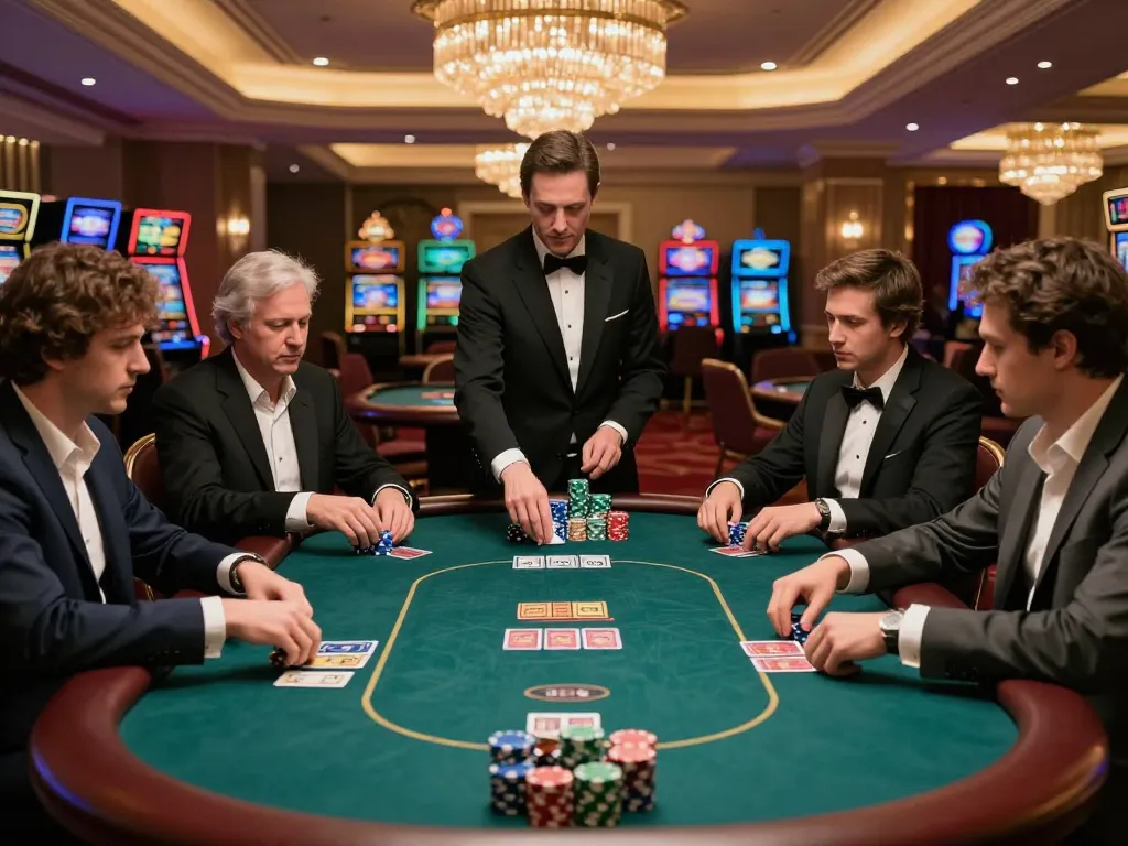 Nego77 players strategically placing bets during an intense poker game in a luxurious casino setting