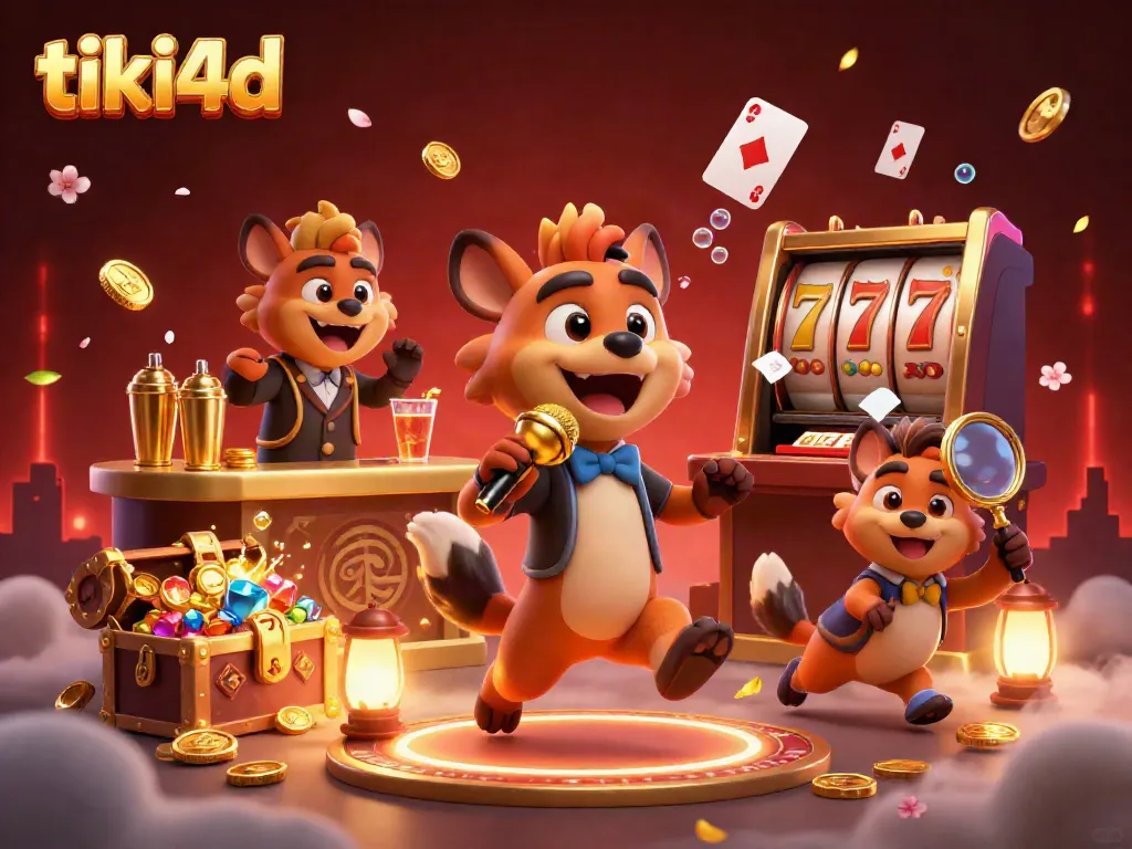 Hyena di klub kasino komedi tiki4d, menjawab pertanyaan dengan lelucon. Slot dan kartu bertebaran.