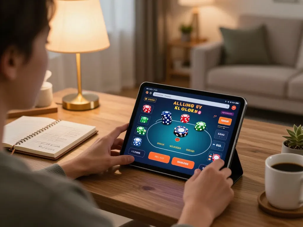 Engage in online gaming with hello88 on tablet in cozy home setup