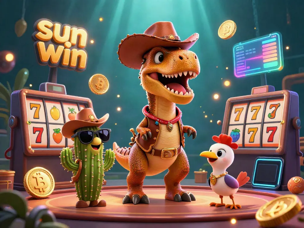 Experience thrilling slots at sun win with a cowboy T-Rex dinosaur and casino elements in action.