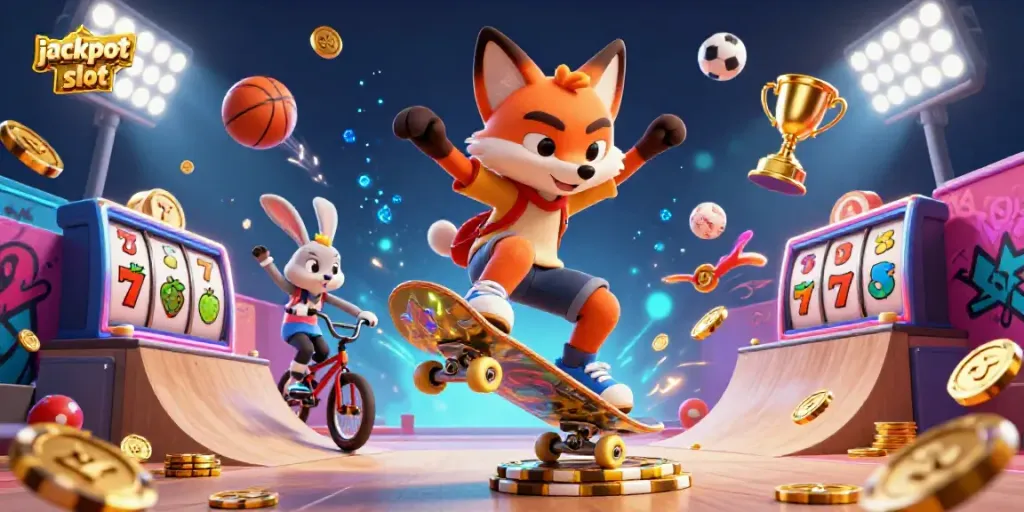 Experience the excitement of jackpot slot gaming with a fox and rabbit in a vibrant 3D illustration.