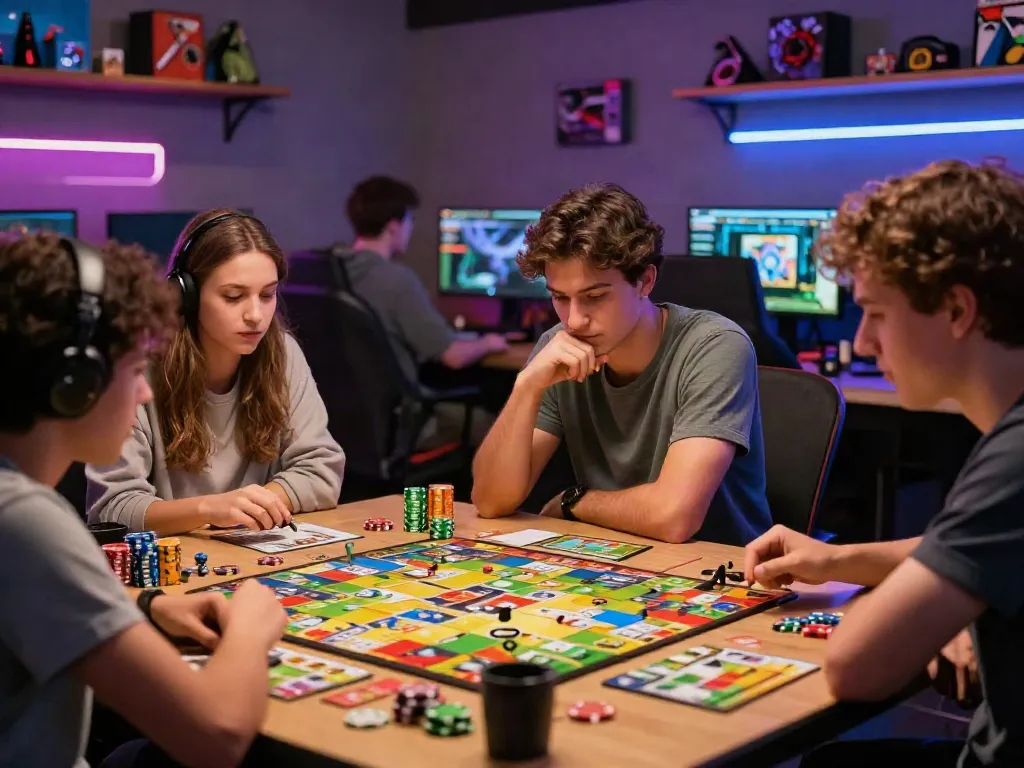 Friends enjoy a strategic board game in a lively gaming lounge, illustrating the essence of unsurtoto entertainment.