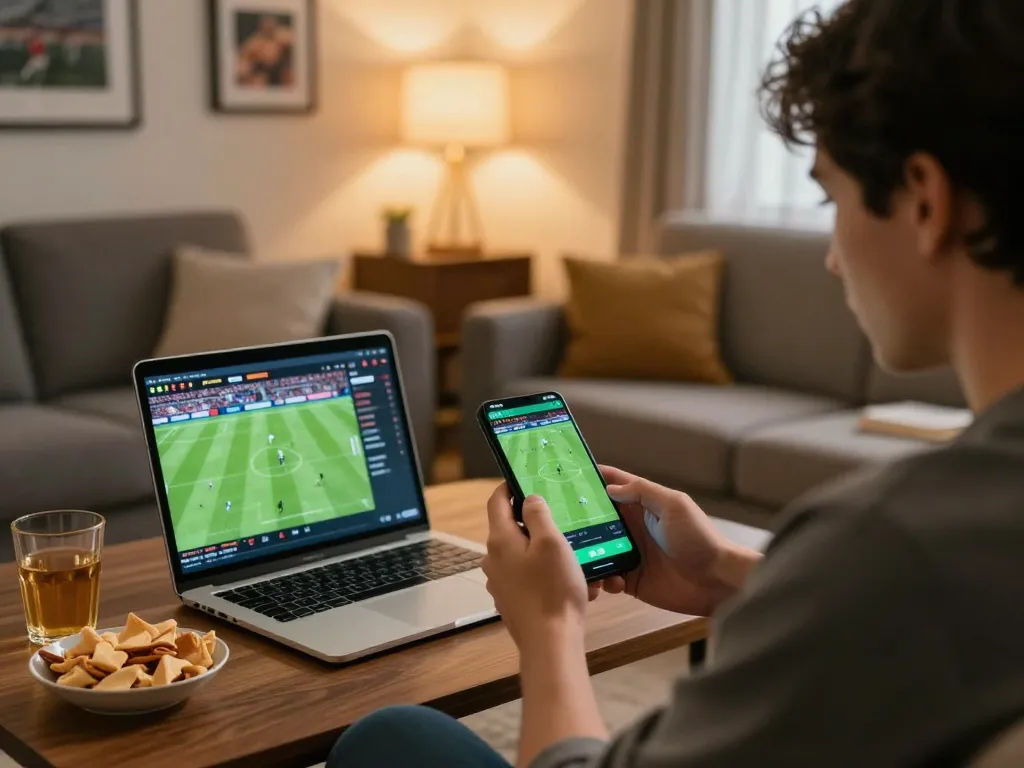 Engaging in sports betting with 388bet mobile app during an exciting match at home