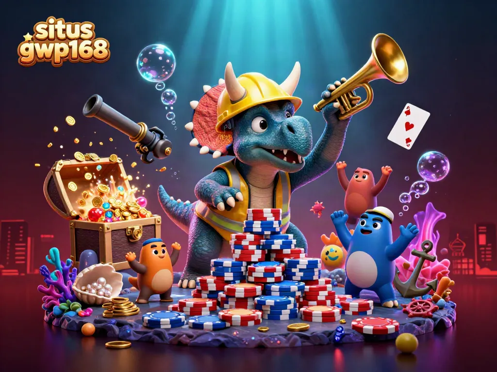 Situs gwp168 menghadirkan pengalaman bermain yang seru dengan ilustrasi dinosaur yang membangun tumpukan chip poker.