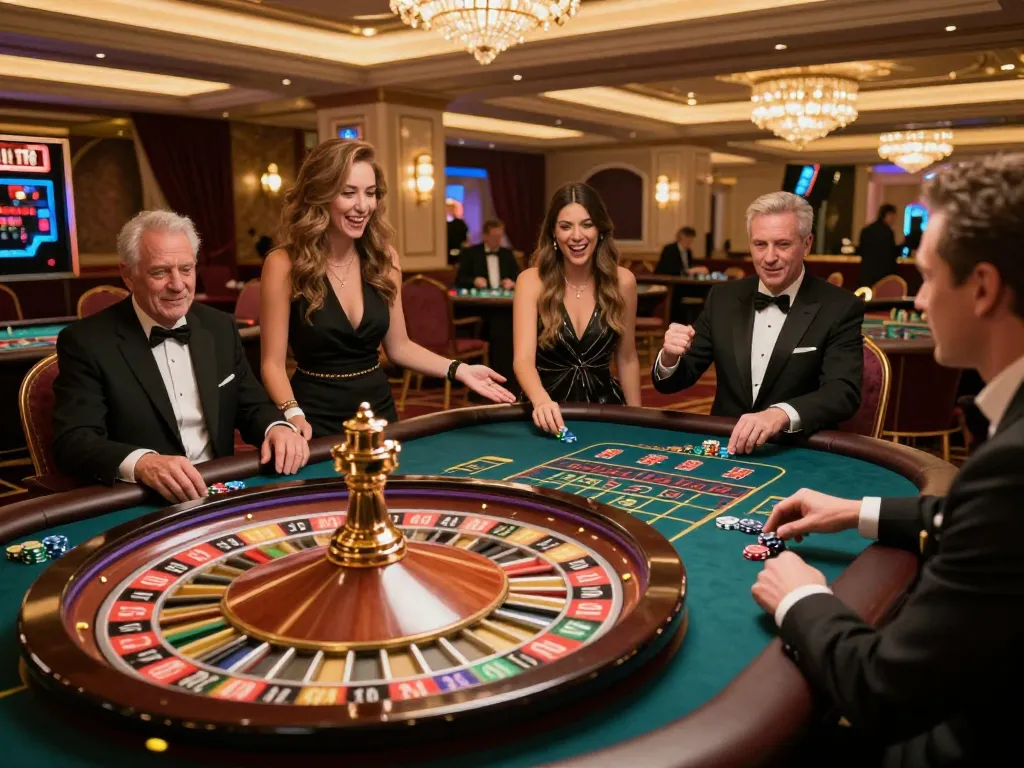 Players enjoying roulette at a luxurious casino table, highlighting 68win's exciting gaming atmosphere.