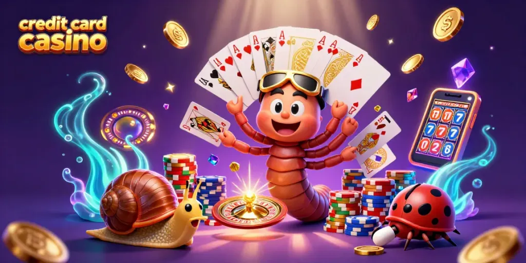 Experience a vibrant credit card casino scene with a cartoon dealer and fun gaming elements.