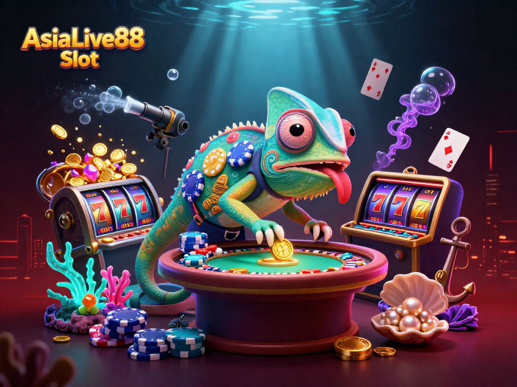 Spin the AsiaLive88 Slot with a vibrant underwater casino scene featuring colorful chameleon and gold treasures