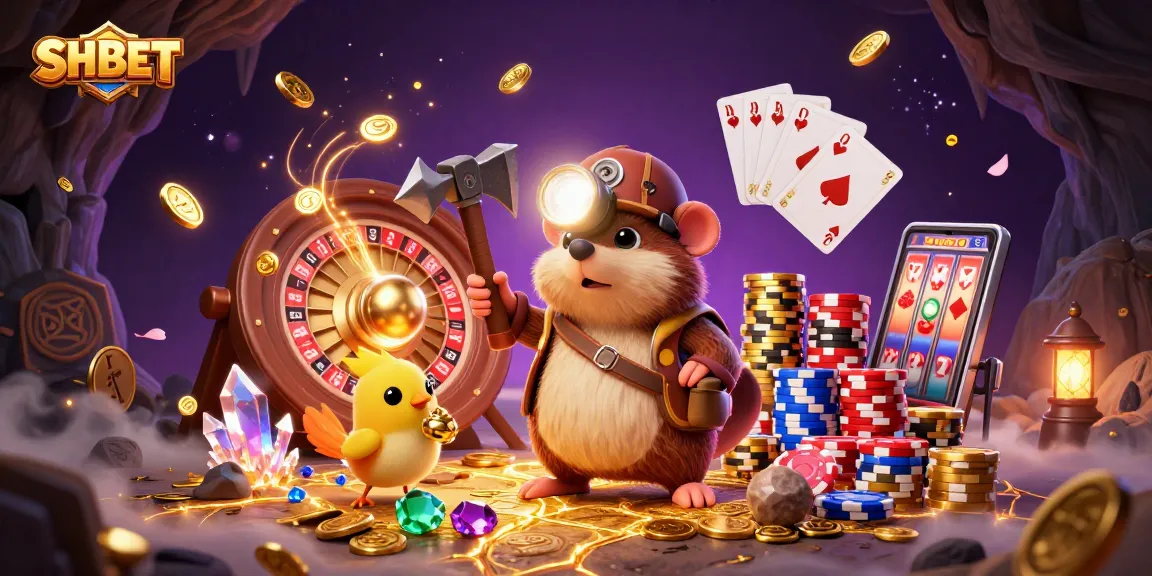 Experience winning excitement with SHBET's treasure hunt in a vibrant casino illustration.