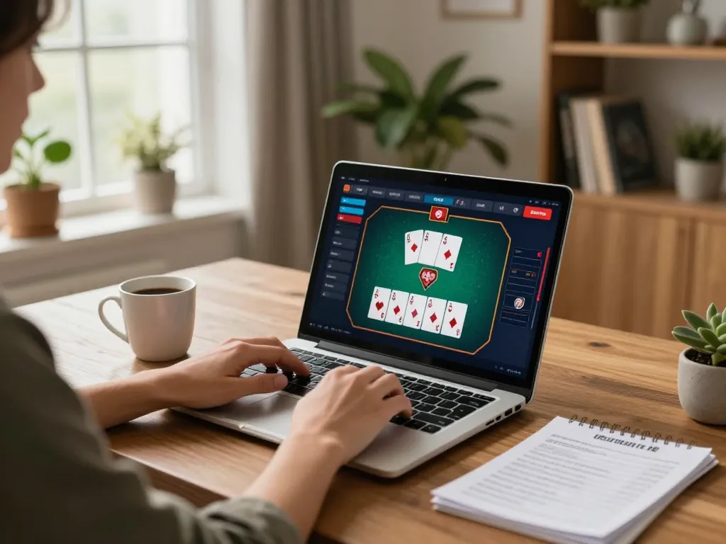 Player engaging in online casino gaming with cm88 on laptop, showcasing cozy home setup and strategic focus.