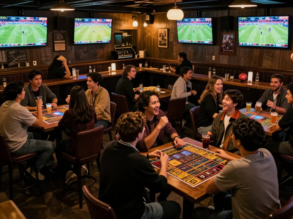 Engaged patrons checking toto sgp betting slips at a lively sports bar during a big game.