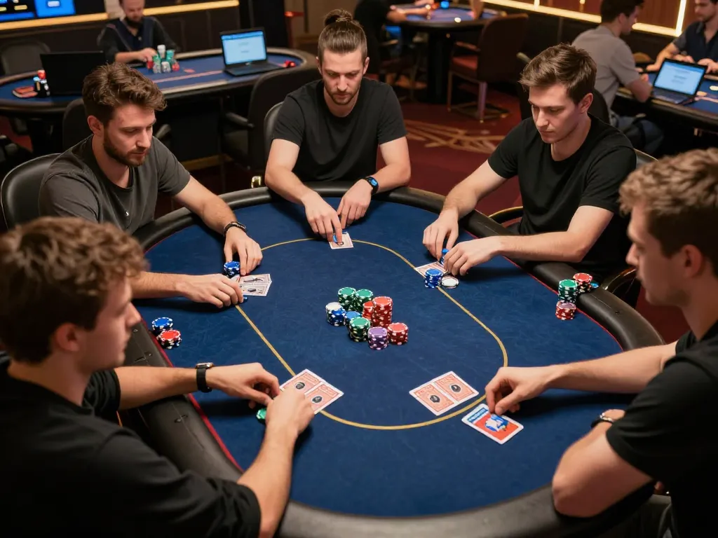 Rikvip players strategizing in an online poker game, showcasing colorful chips and intense focus.
