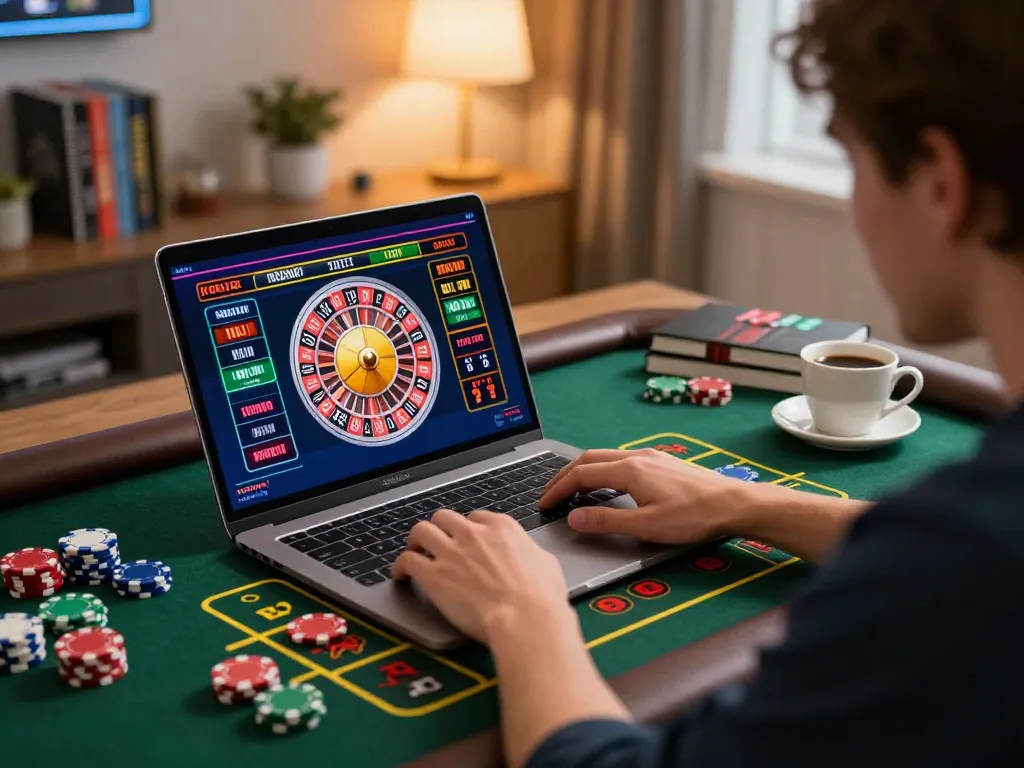Engaged player using win678 com for live roulette while enjoying a cozy home gaming setup.