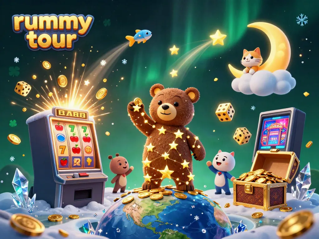 Rummy tour menghadirkan ilustrasi kasino digital dinamis dengan karakter unik dan simbol permainan menarik.