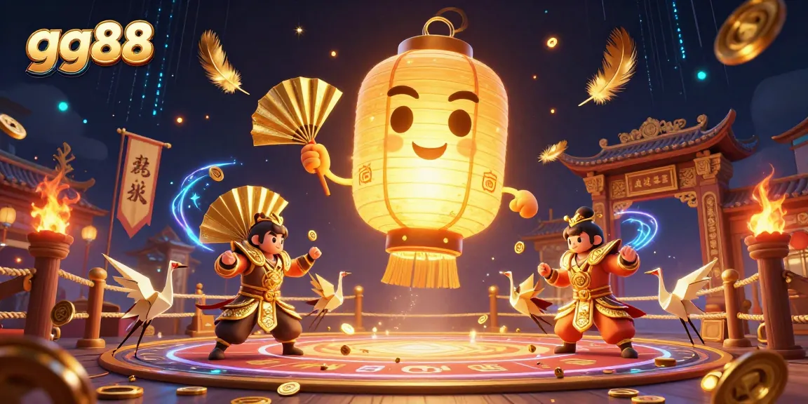 Capture thrilling experiences at GG88 casino with a giant golden lantern spirit and warriors in vibrant 3D art.