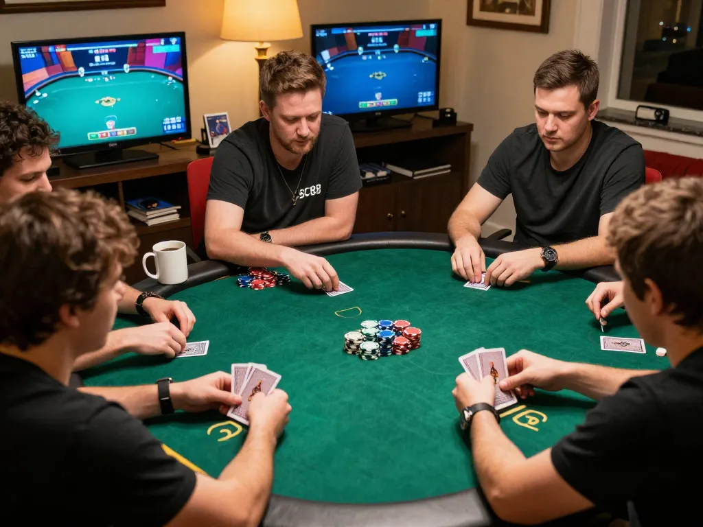 Engaging players at SC88 poker night analyzing their hands and strategies.
