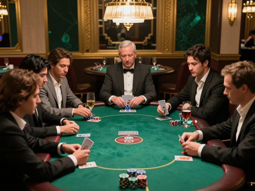 Players strategizing at TR88 poker game night with elegant table setting and betting chips.