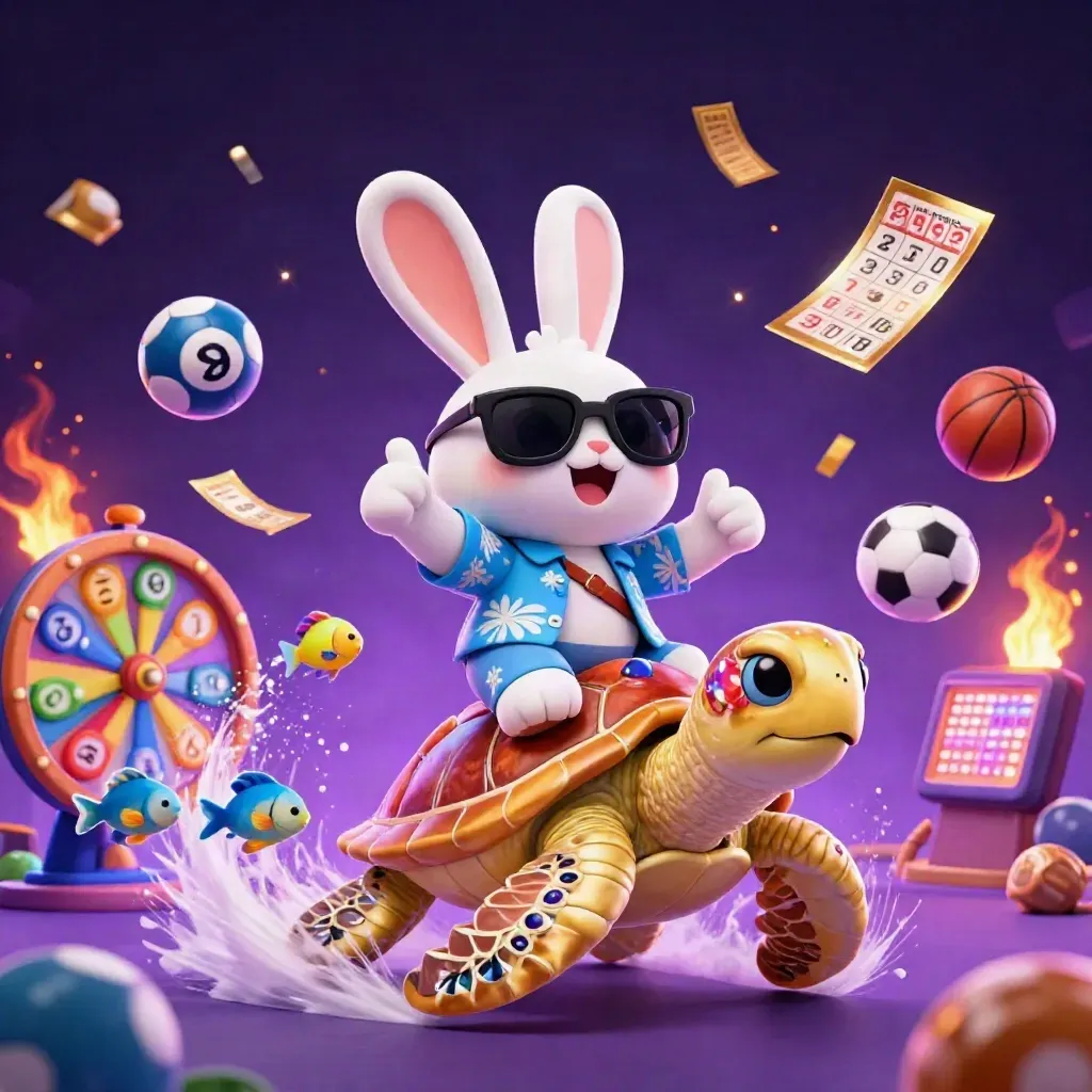 Lucky rabbit on golden turtle amid casino game props in neon cosmic light