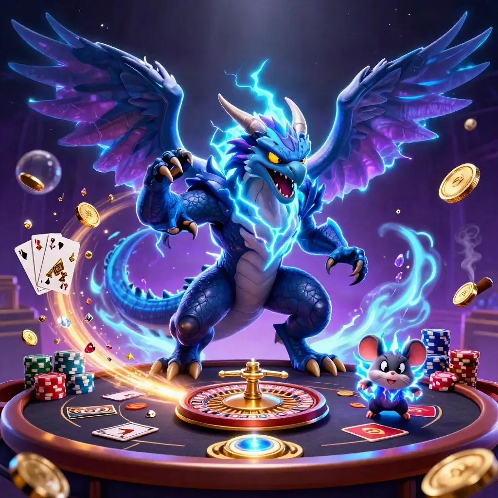 Thunder dragon, wind hawk, and static mouse amid coins, cards, and neon casino light.