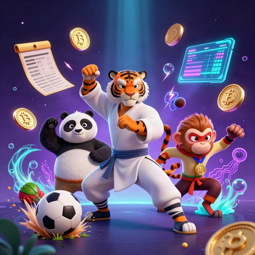 Kung-fu tiger, panda and monkey amid neon crypto sports chaos and casino glow