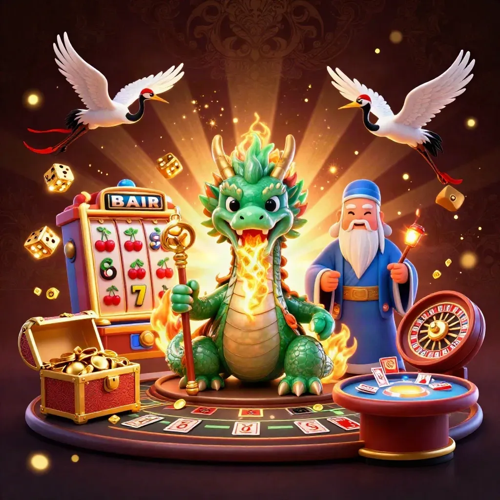Jade dragon, turtle sage, cranes, casino symbols, gold bursts, and luxury damask glow