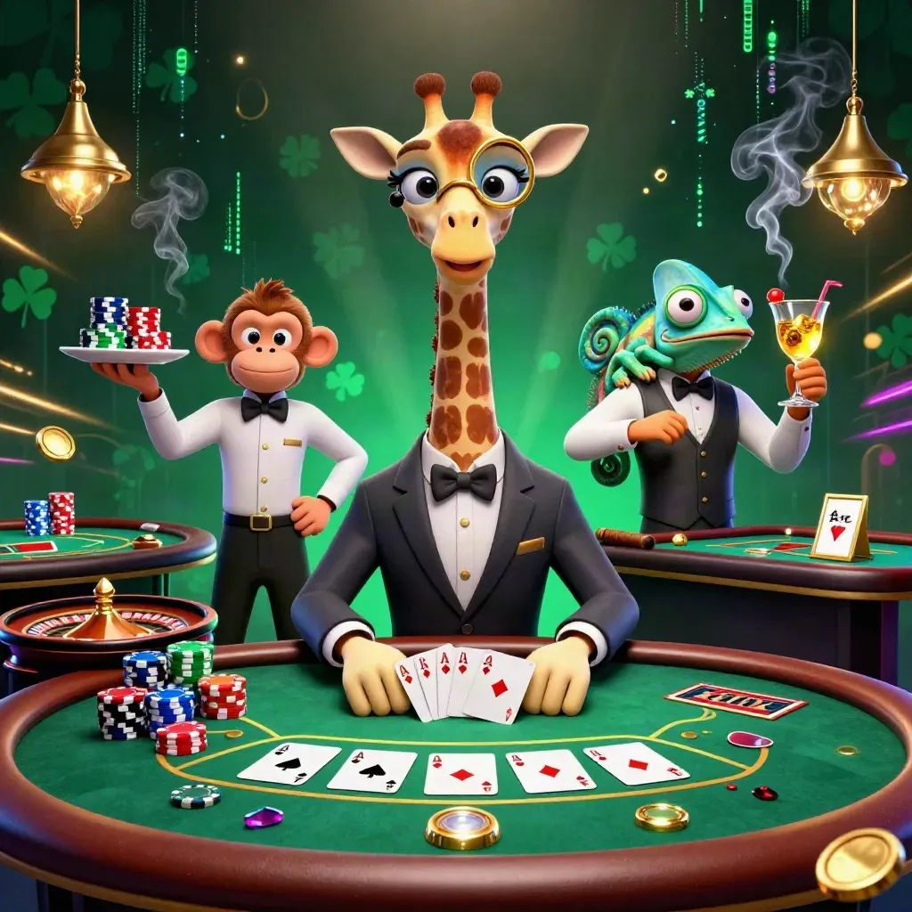 Giraffe high-roller, monkey valet, and chameleon bartender in a glowing casino scene.