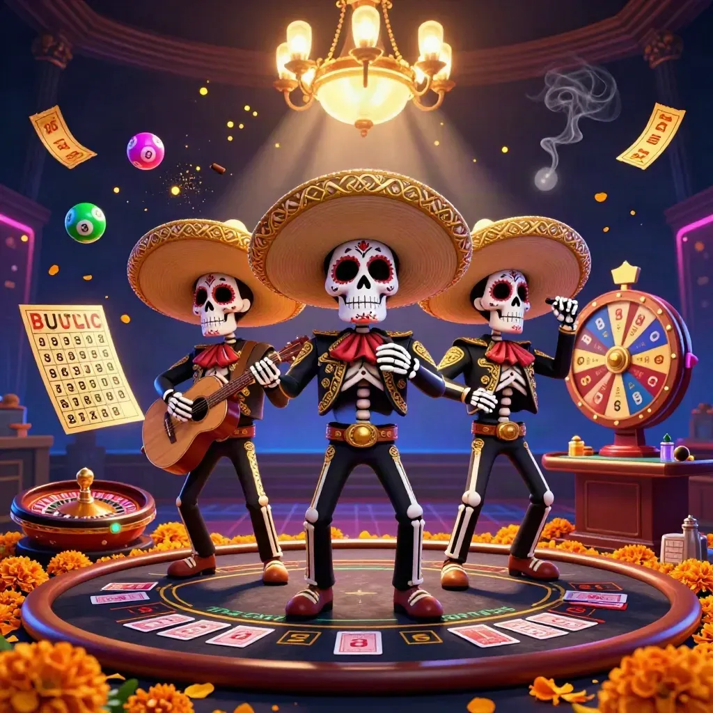 Day-of-the-Dead mariachi skeleton trio amid casino lights, lottery balls, wheel, cards, neon grid