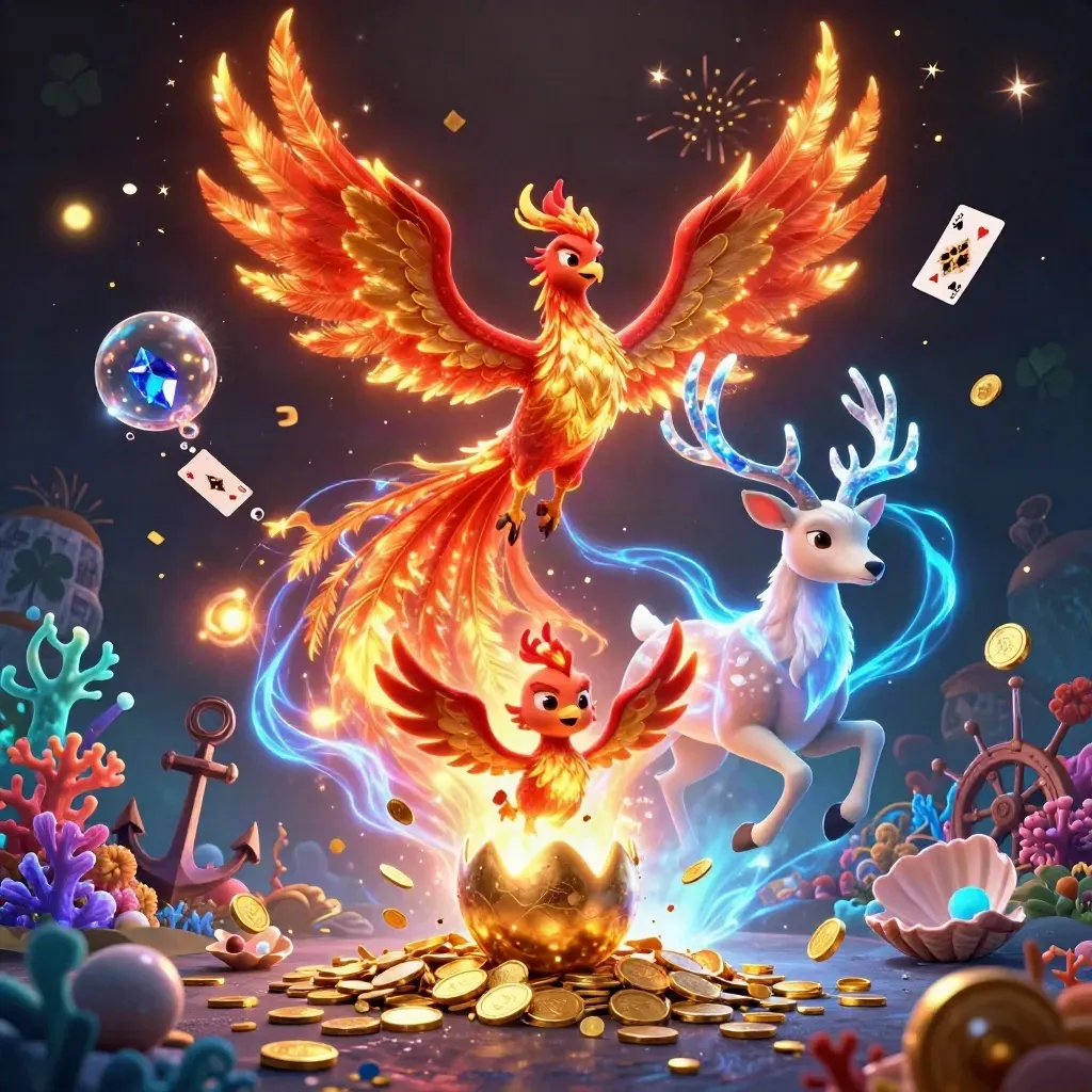 Phoenix, hatchling, and crystal stag amid treasure cove coins, coral, and electric-blue magic.