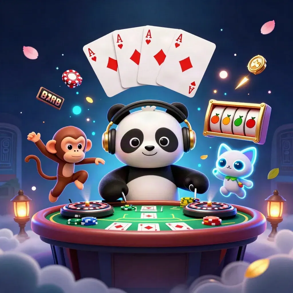 DJ panda, dancing monkey, and glow kitten amid casino props and neon blue magic