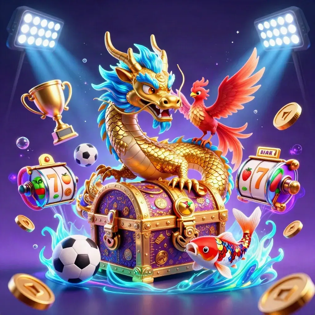 Golden dragon with phoenix and koi amid blue casino bursts, sports balls, coins, and glowing reels