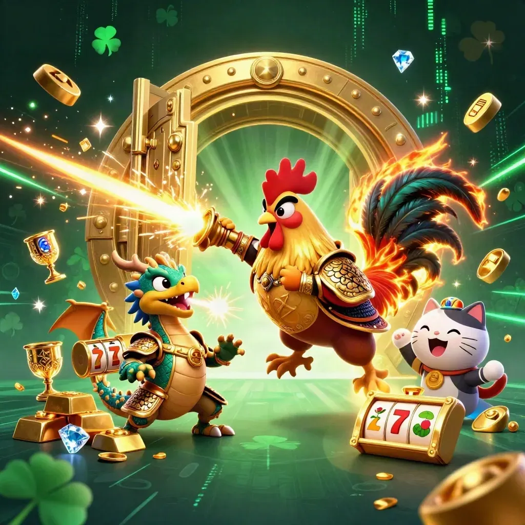 Rooster warrior, dragon hatchling, and fortune cat burst from a golden vault in neon casino chaos.