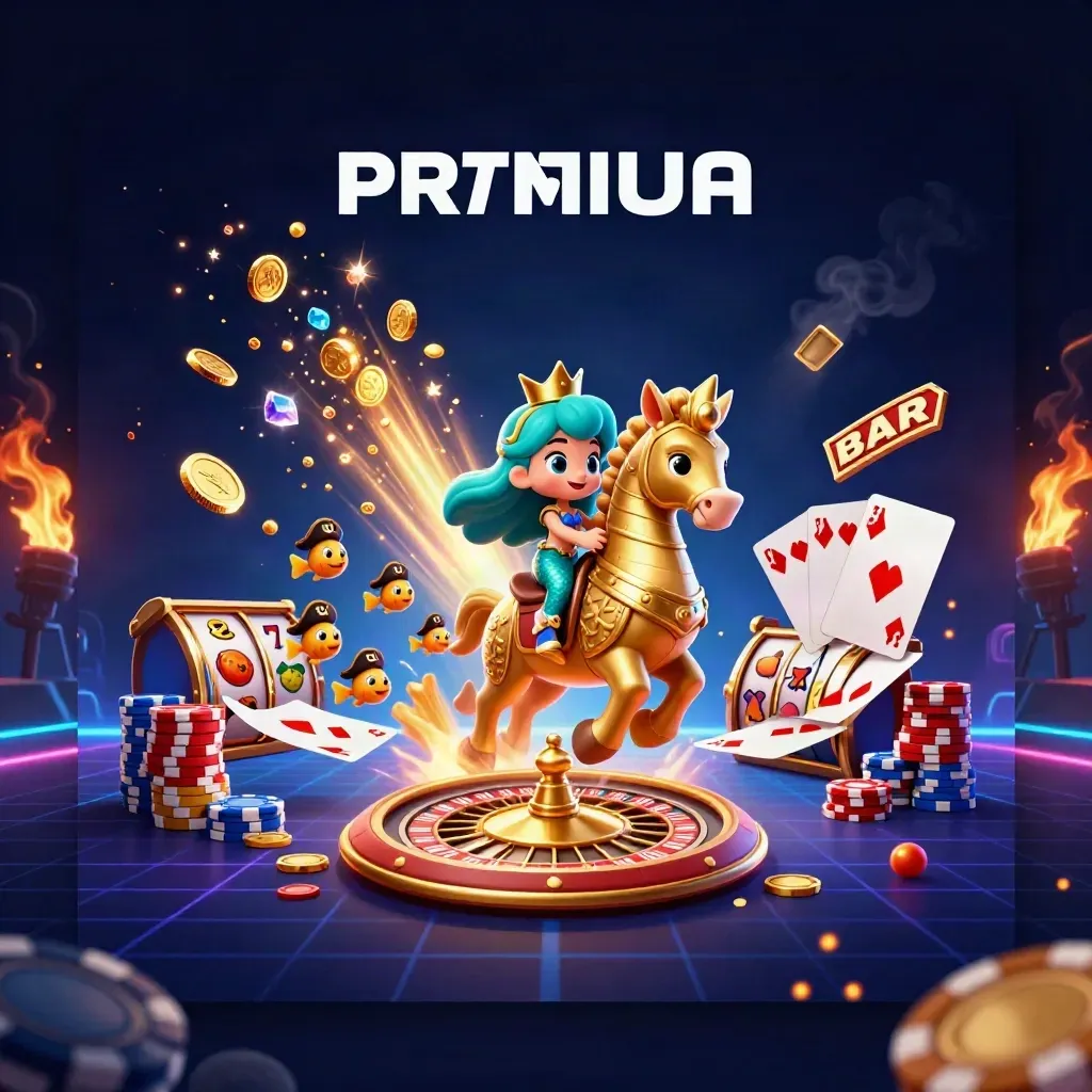 Mermaid princess on armored seahorse amid coins, cards, chips, roulette, and neon blue casino effects.