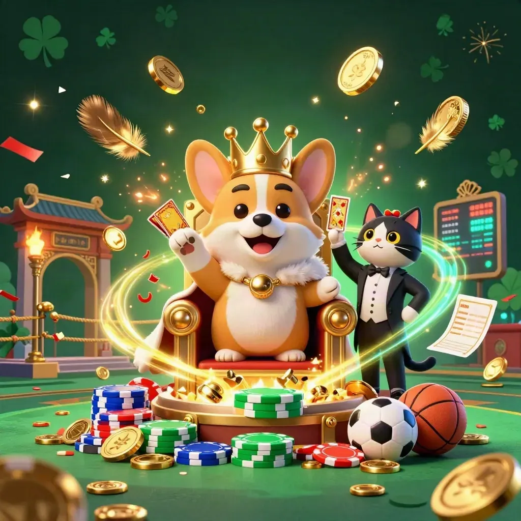 Royal corgi and cat butler amid casino treasure, fireworks, coins and sports tokens