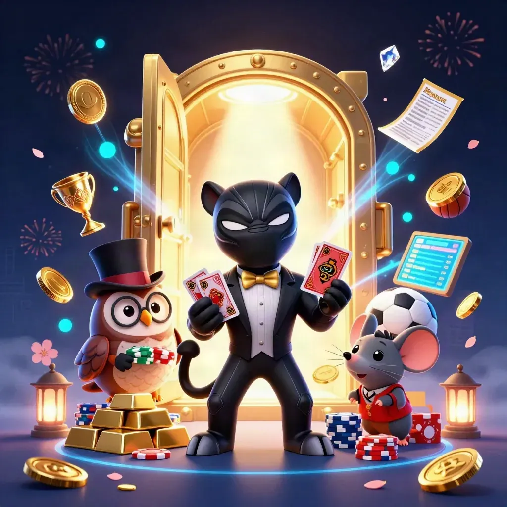 Panther, owl and mouse amid an exploding gold vault with coins, gems and casino props