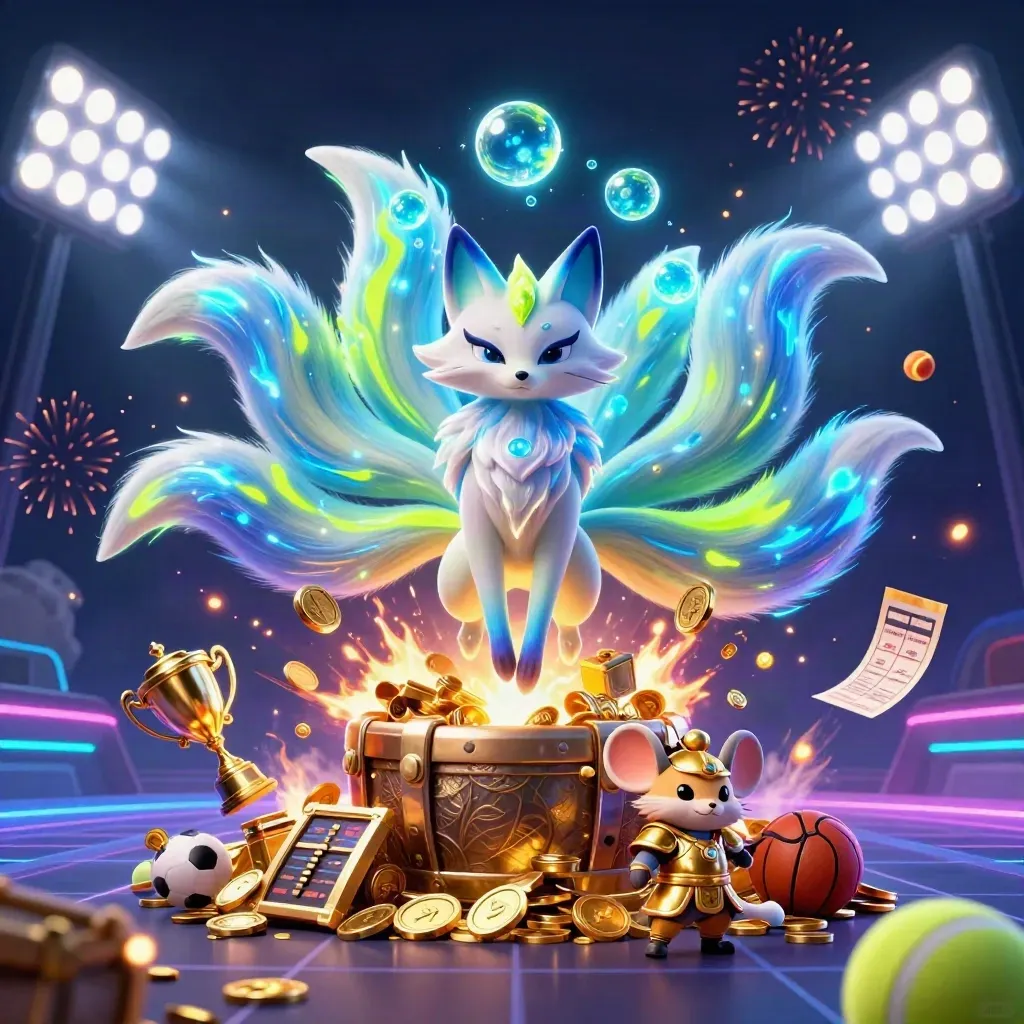 Nine-tailed fox spirit and armored mouse amid coins, sports balls, trophy, lights, and fireworks.
